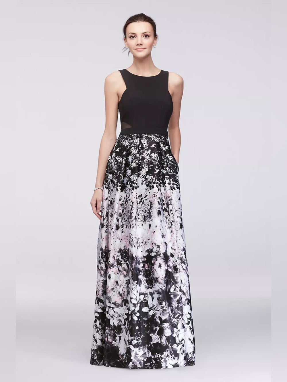 Xscape black floral satin ball gown illusion sides size 2 wedding formal maxi